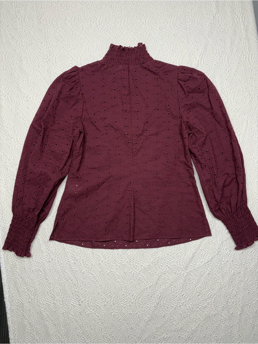 Veronica Beard Burgundy Eyelet Mock-Neck Blouse